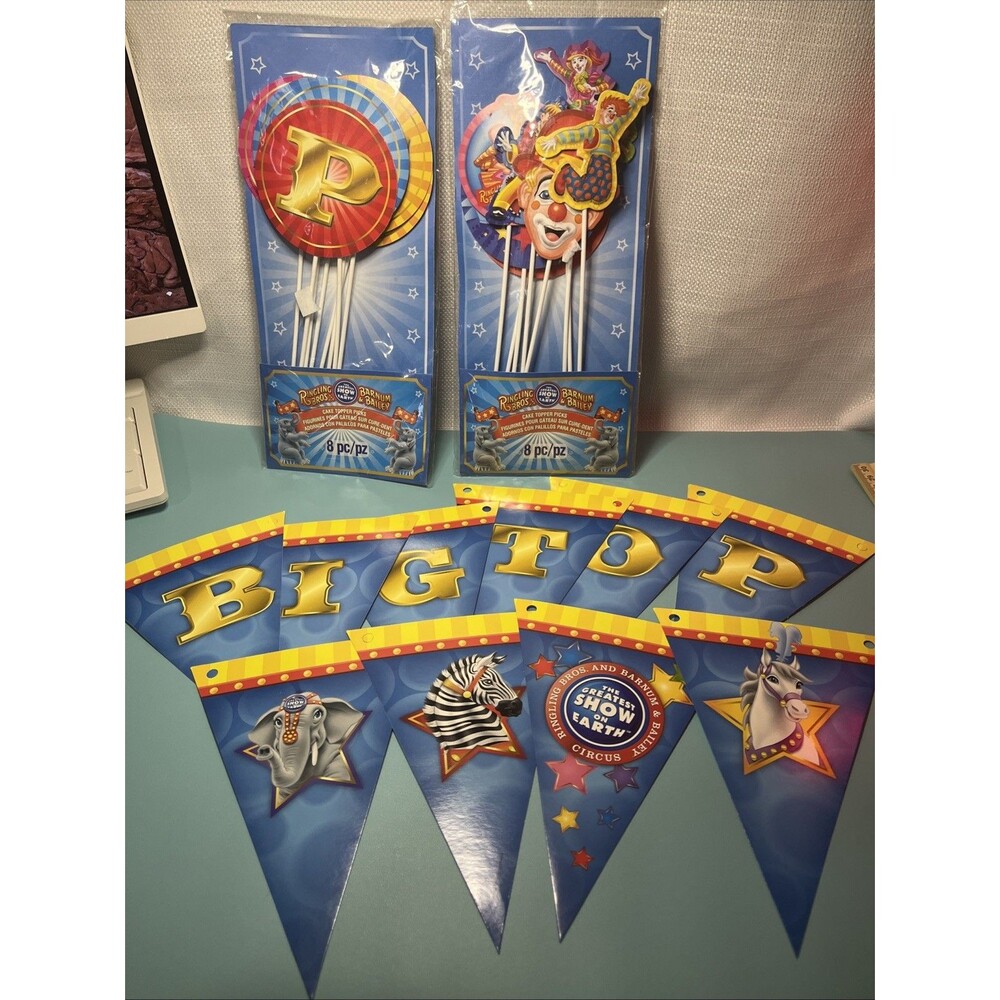 Lot Of Cake Toppers Picks, Banner. Ringling Bros Clowns Circus. 26 Pieces New